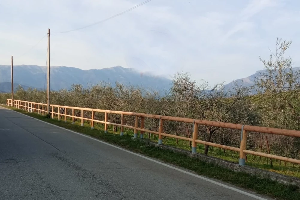 recinzione di legno con corrimano e una fila di pali passanti